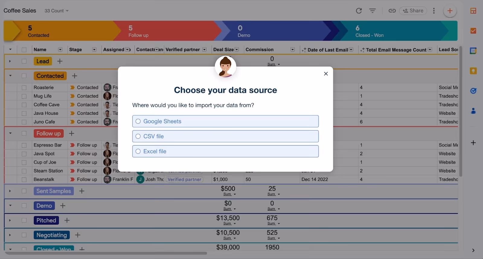 The three options for file types to import into Streak via the import data wizard