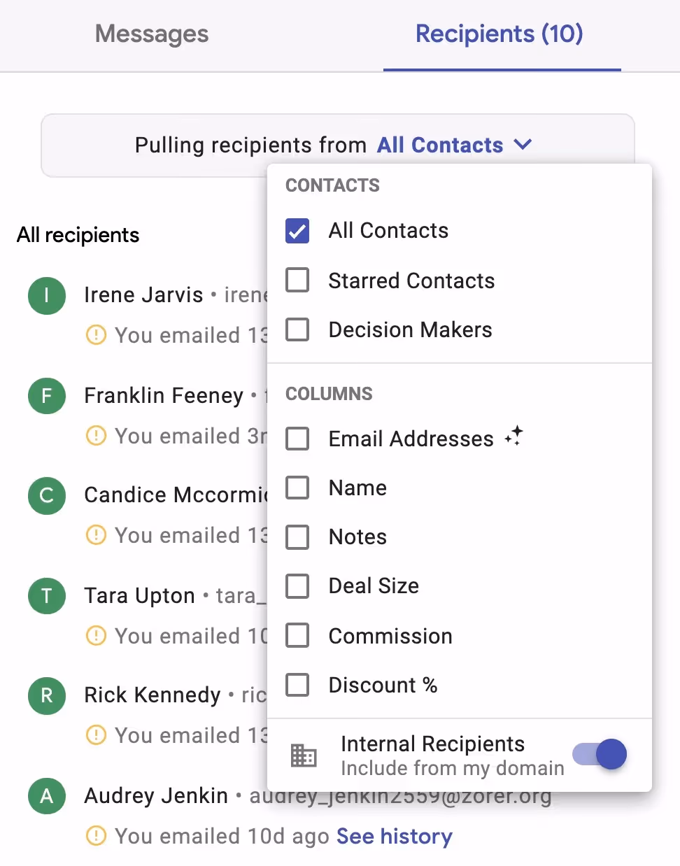 A menu showing where a mail merge draft is pulling recipients from is open. At the bottom, an option for "Internal Recipients" is toggled on.