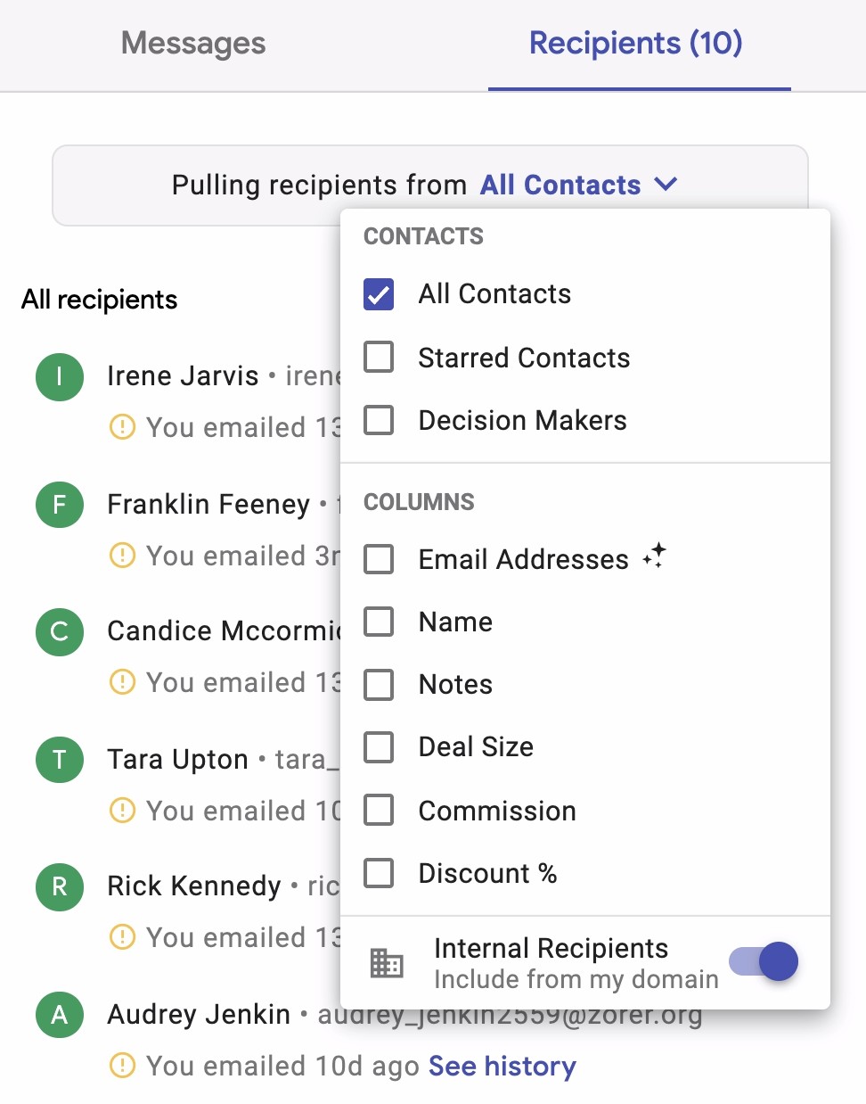 A menu showing where a mail merge draft is pulling recipients from is open. At the bottom, an option for "Internal Recipients" is toggled on.