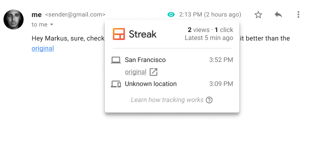 A screenshot of Streak's email insights and metrics dispalyed