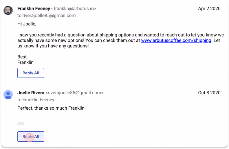 A screenshot of how to reply to team's emails eventhough you are not in the thread just by using Reply All