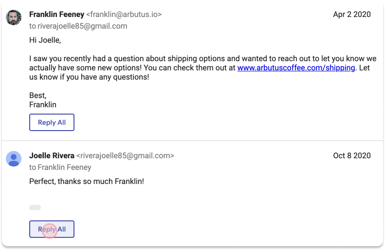 A screenshot of how to reply to team's emails eventhough you are not in the thread just by using Reply All