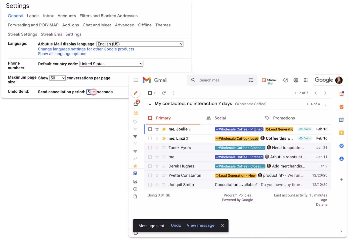 A screenshot showing the Undo send function of Gmail
