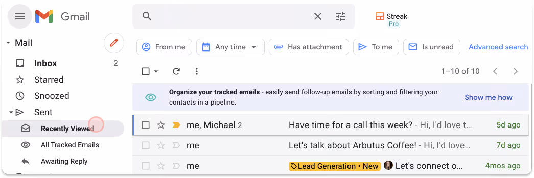 A screenshot of Gmail with Recently Viewed section after installing Streak