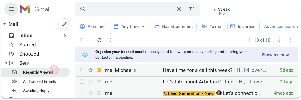 A screenshot of Gmail with Recently Viewed section after installing Streak
