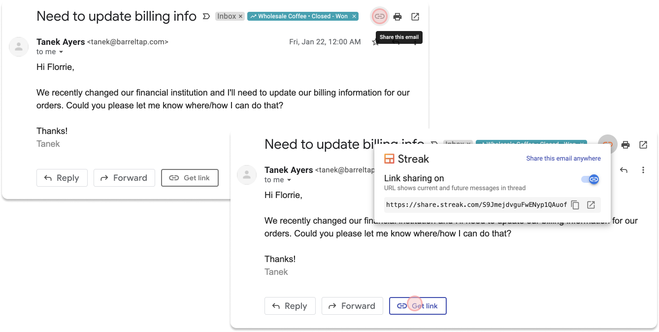 A screenshot of Gmail email with shareable link icon after installing Streak