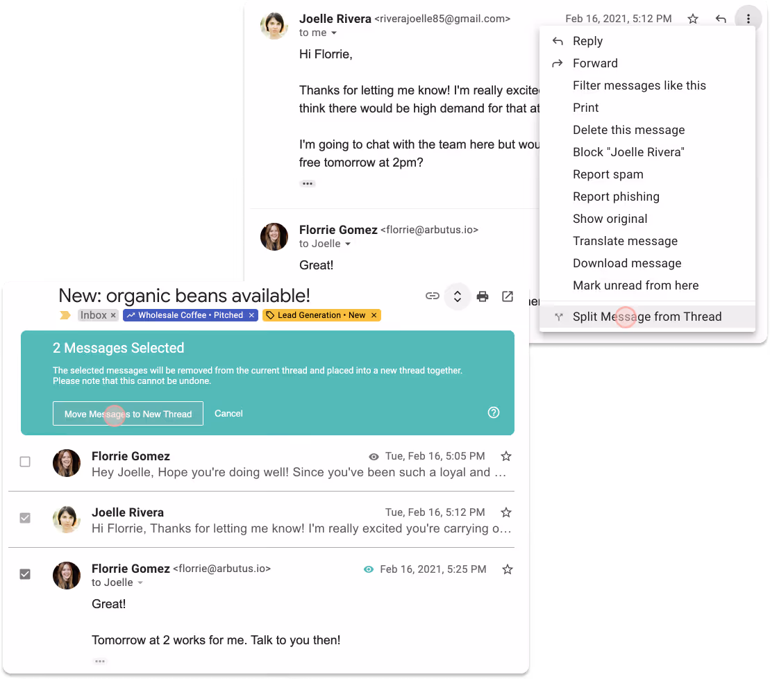 A screenshot of creating a separate email thread with the help of Streak