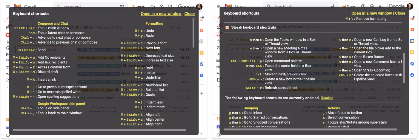 A screenshot of keyboard shortcut functions in Gmail Settings