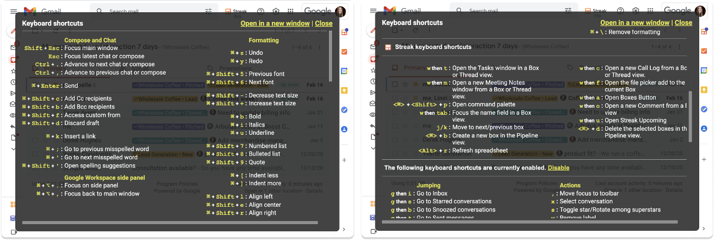 A screenshot of keyboard shortcut functions in Gmail Settings