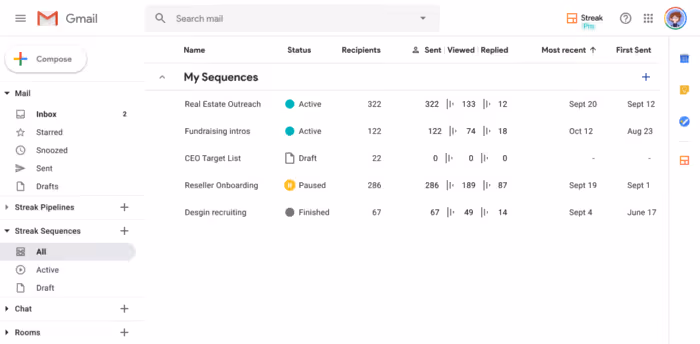 Automated follow up sequence page displayed in Streak
