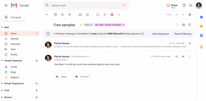 A screenshot of Gmail inbox with mail merge details