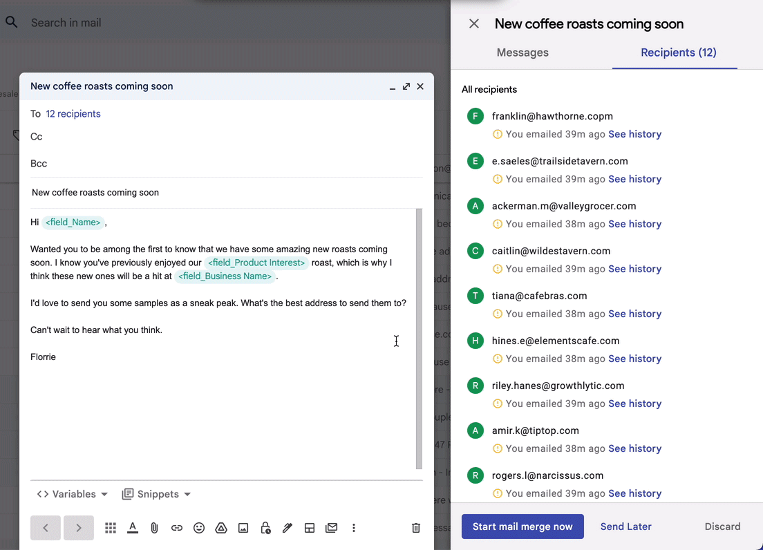 Exmaple of how Gmail mail merge works in your Gmail Account