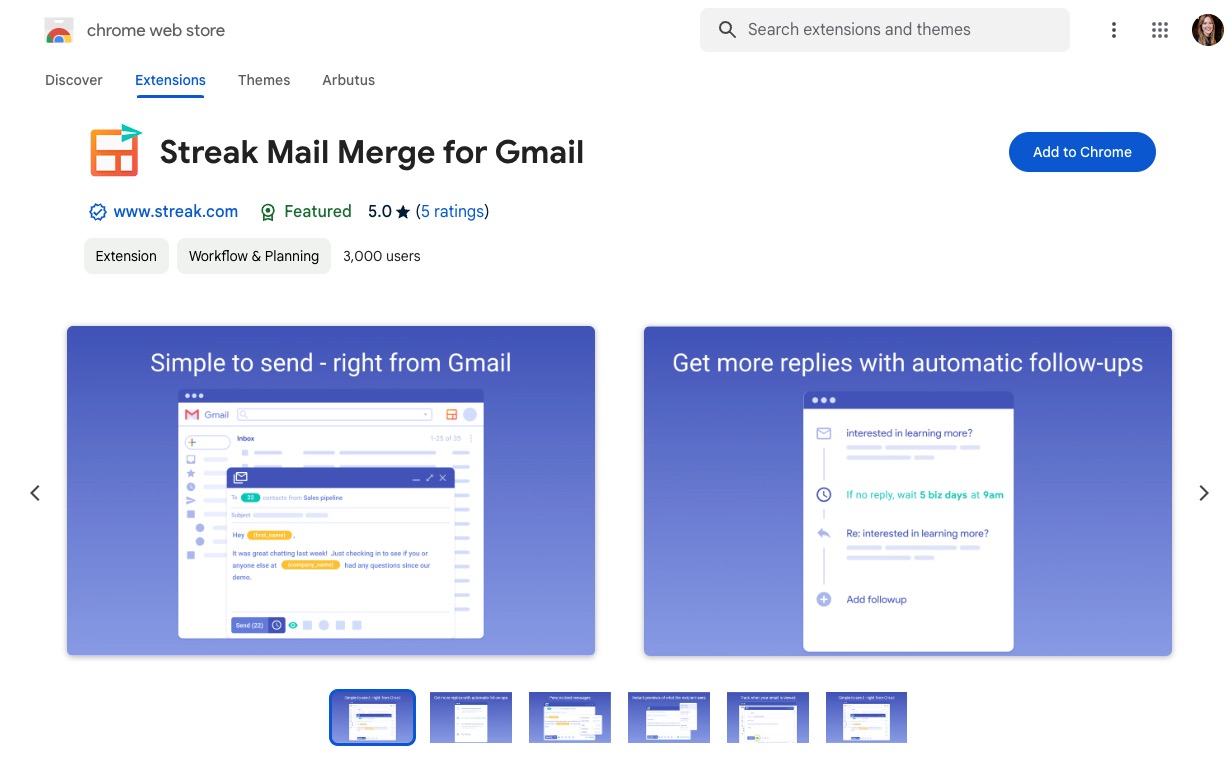 a screenshot of the Streak Mail Merge for Gmail listing in the chrome web store
