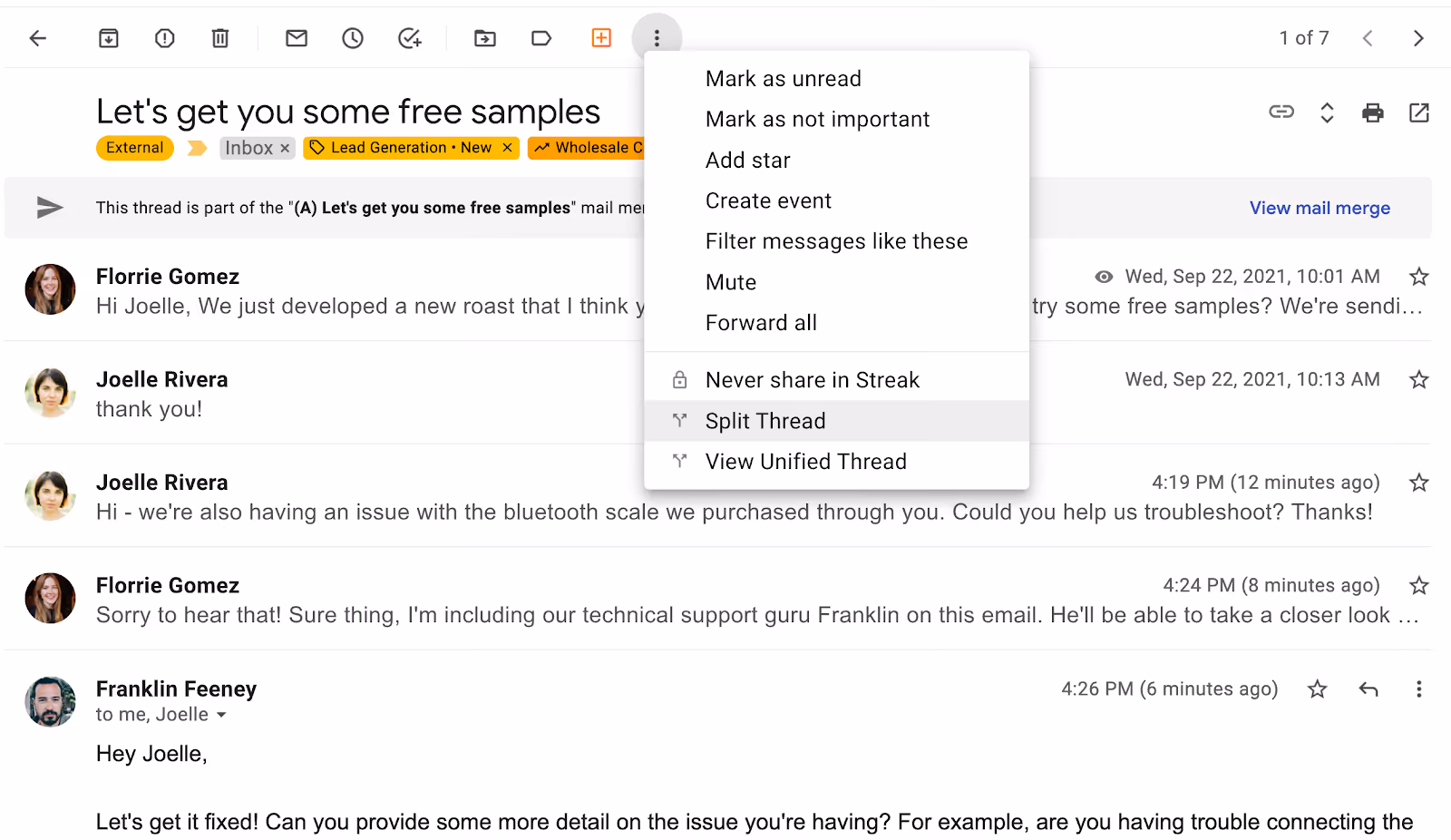A screenshot of the overflow menu above an email in Gmail, with the "split thread" option highlighted