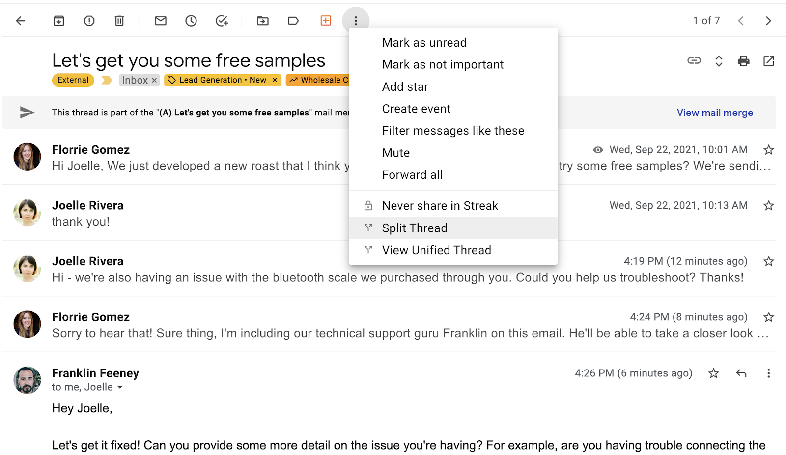 A screenshot of the overflow menu above an email in Gmail, with the "split thread" option highlighted