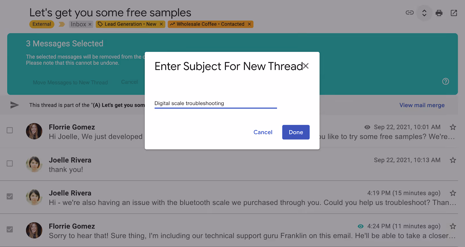 a screenshot of Streak's thread splitter asking you to enter a new subject line for the new email conversation