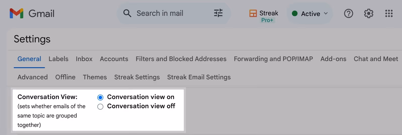 A screenshot of Gmail's conversation view settings options