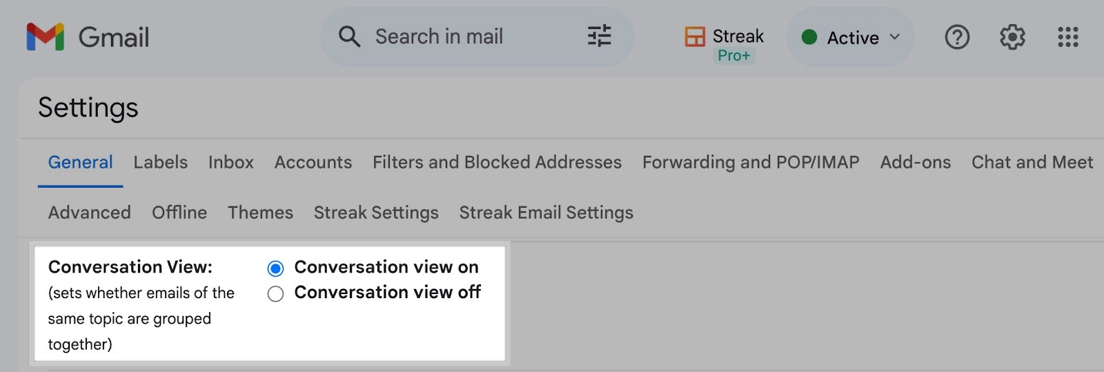 A screenshot of Gmail's conversation view settings options