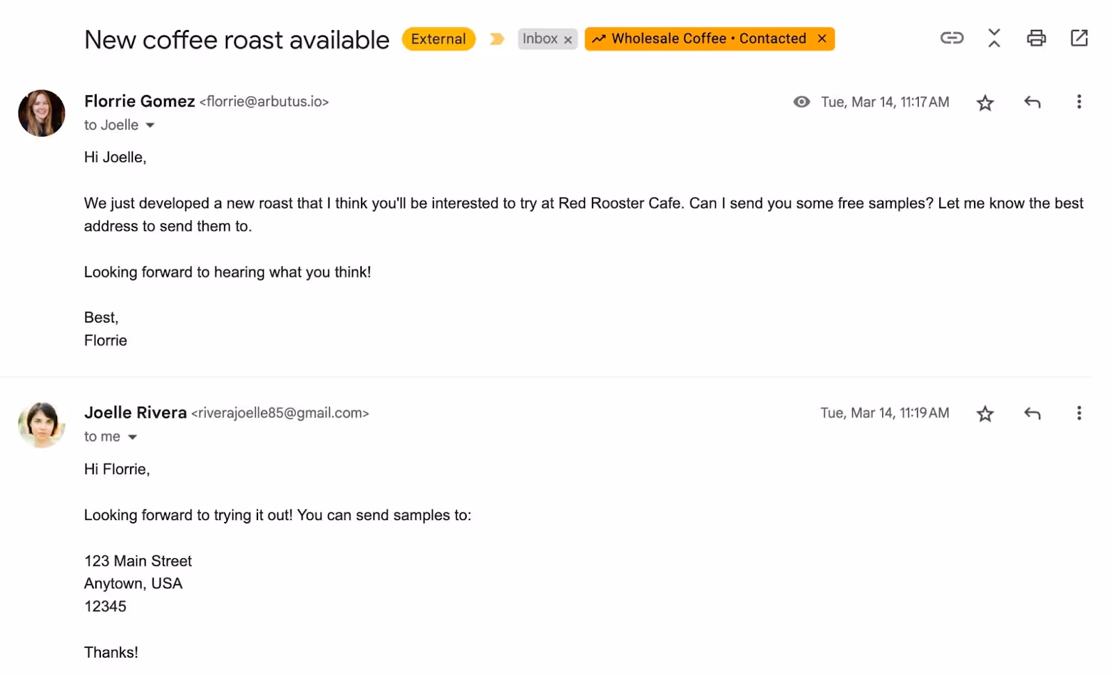 A screenshot of an email conversation in Gmail with conversation view