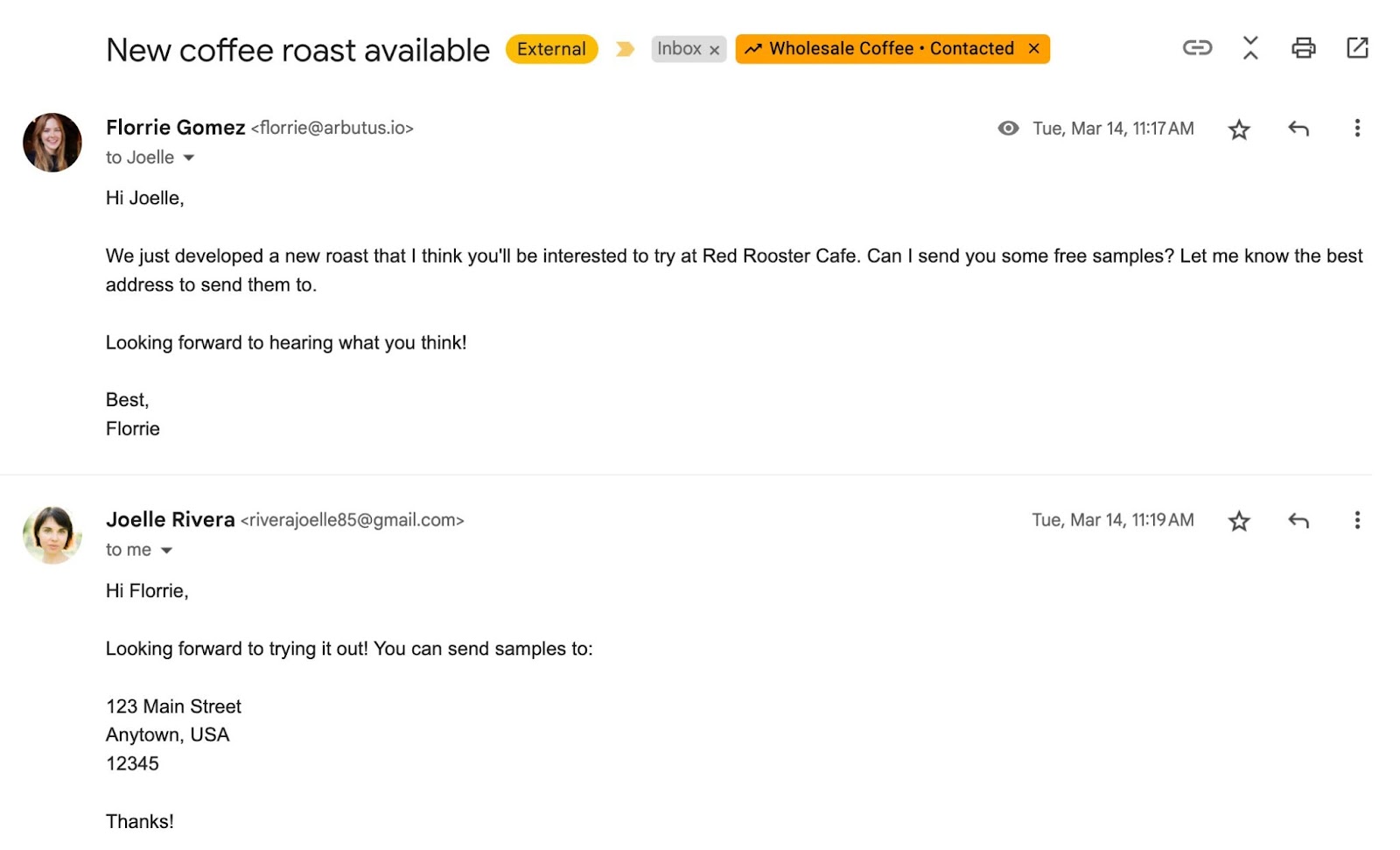 A screenshot of an email conversation in Gmail with conversation view
