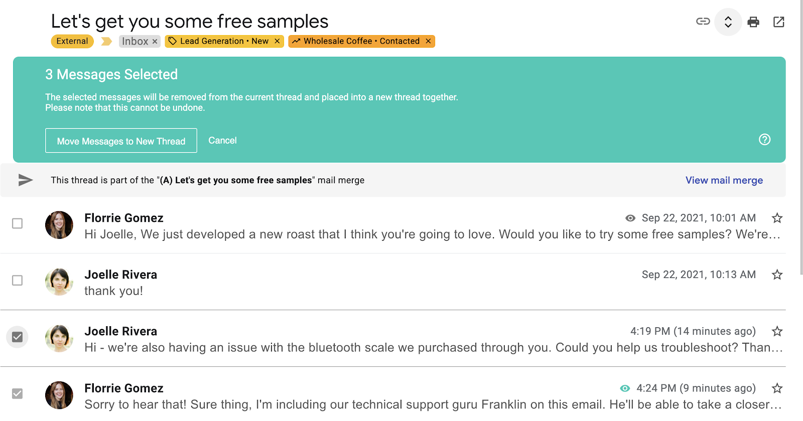 A screenshot of Streak's thread splitter feature with a check box next to each email so you can choose which emails to separate into a new conversation