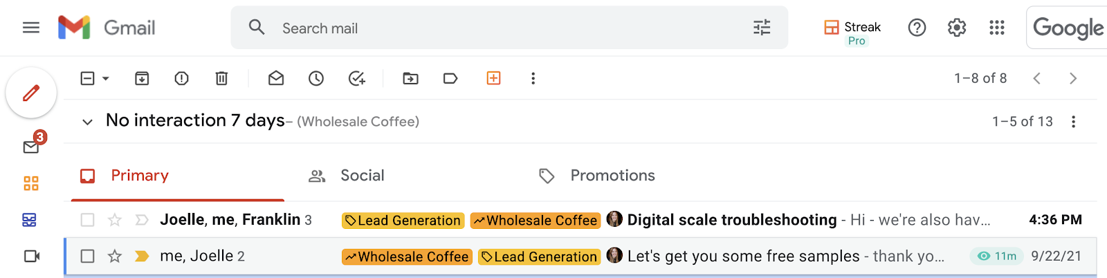 a screenshot of a Gmail inbox with the new conversation including the separated emails