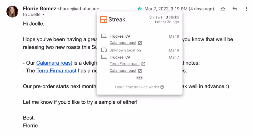 A screenshot of an email draft with specific details of Streak email view tracking