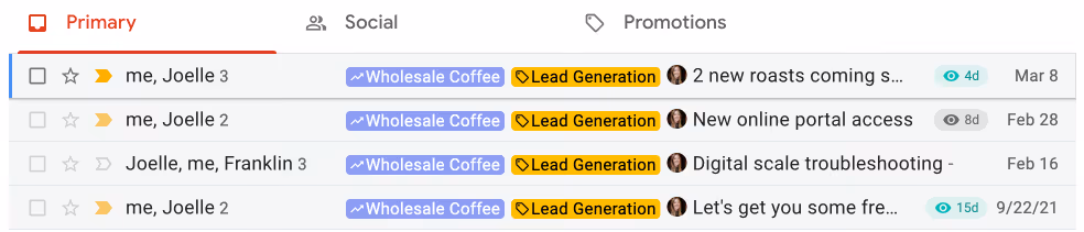 A screenshot of Gmail inbox in the sent mail folder with email tracking data showing a green eye icon with a relative date, which lets you see which messages have had a recent view
