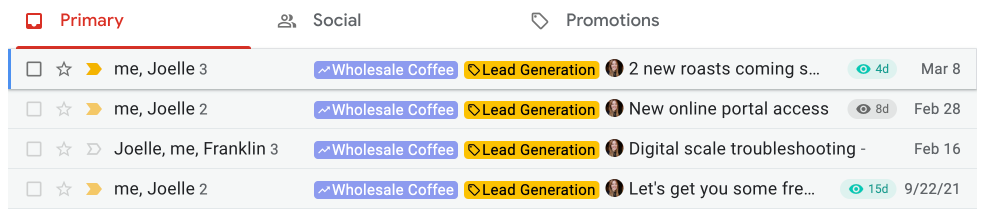 A screenshot of Gmail inbox in the sent mail folder with email tracking data showing a green eye icon with a relative date, which lets you see which messages have had a recent view