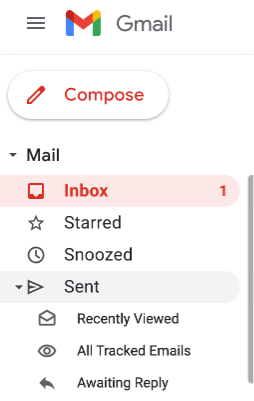 A Gmail menu showing the Sent mail folder and the folders under it, one of those are for all tracked emails