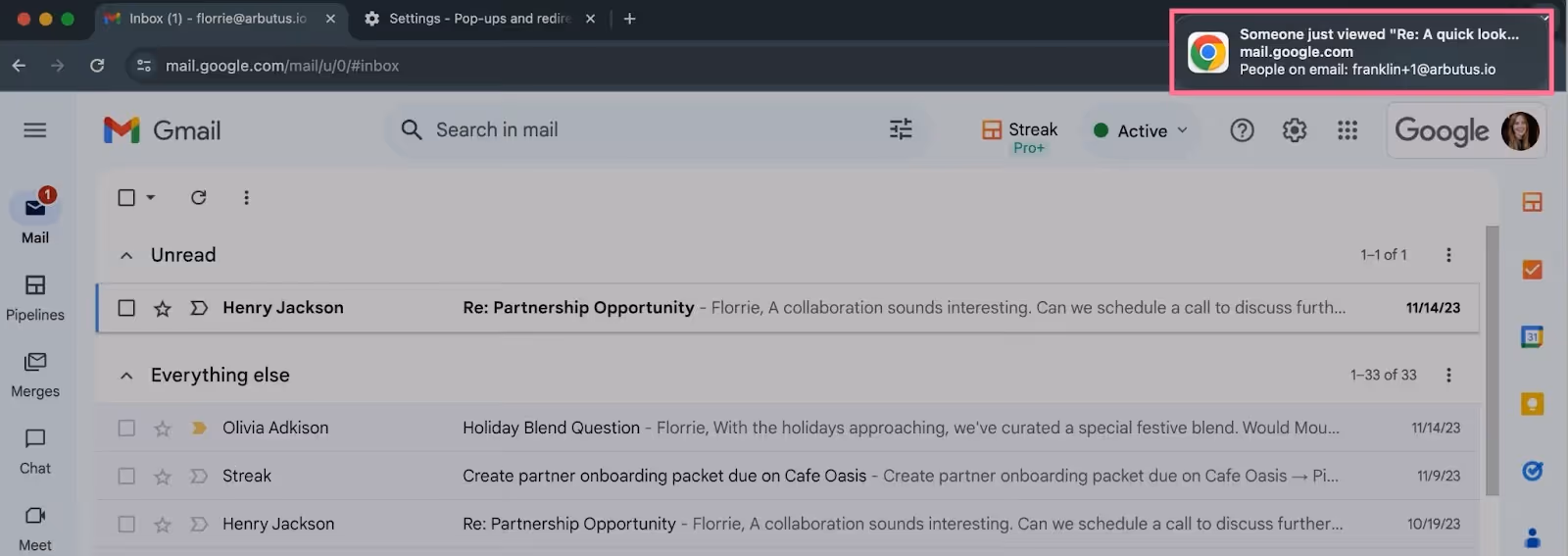 A screenshot of your Gmail inbox with Google notification of email being viewed