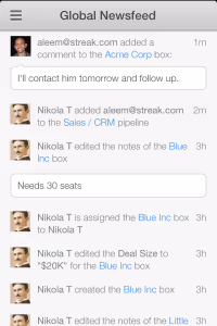 Streak newsfeeds for boxes and pipelines on iPhone