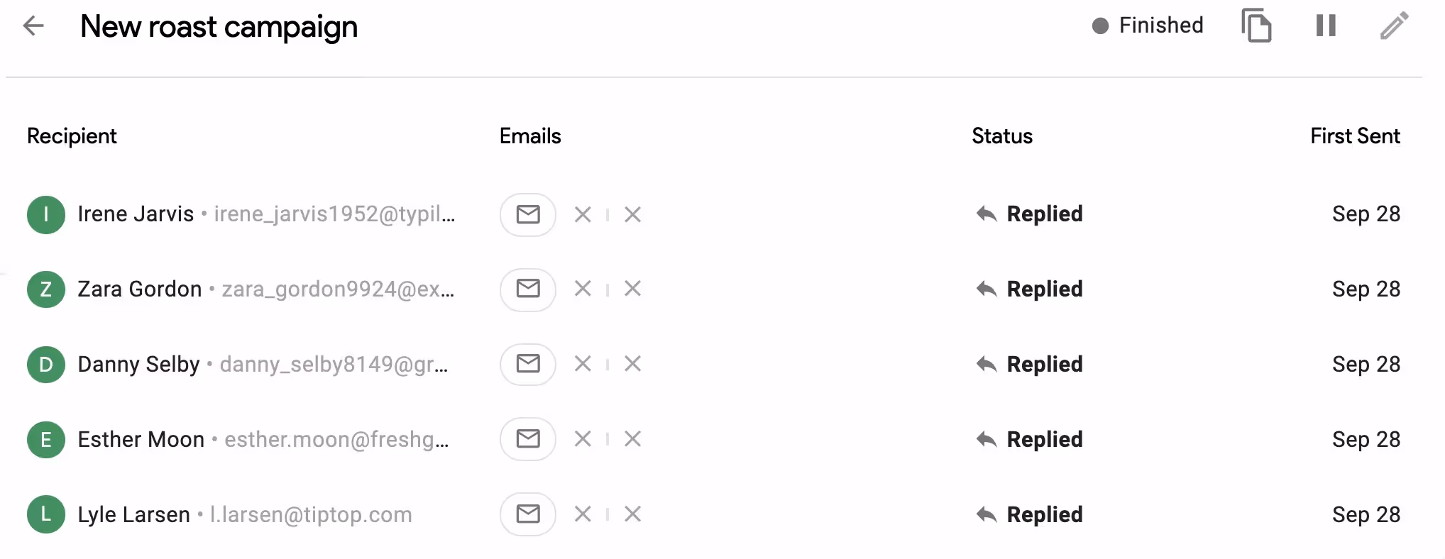 Screenshot of recipients list for a mail merge called "New roast campaign". In view is the recipient name, icons for emails they've been sent, their status (all have the status "Replied"), and the "First Sent" date.