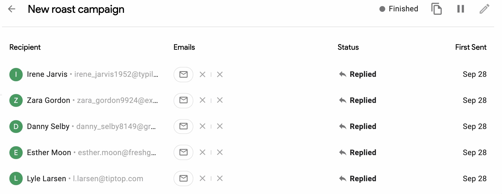 Screenshot of recipients list for a mail merge called "New roast campaign". In view is the recipient name, icons for emails they've been sent, their status (all have the status "Replied"), and the "First Sent" date.