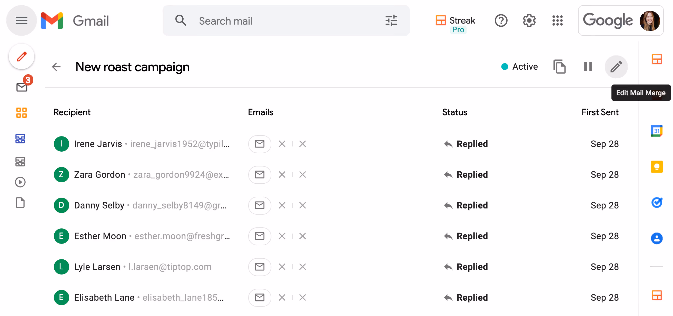 recipients list for an active mail merge called "New roast campaign." The "Edit Mail Merge" button is being highlighted