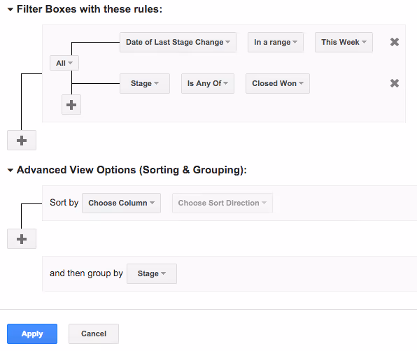 A screenshot of Streak labelled boxes for creating Saved view