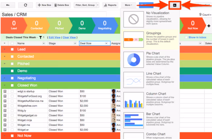 A screenshot of Streak options for creating Custom Charts from the pipeline