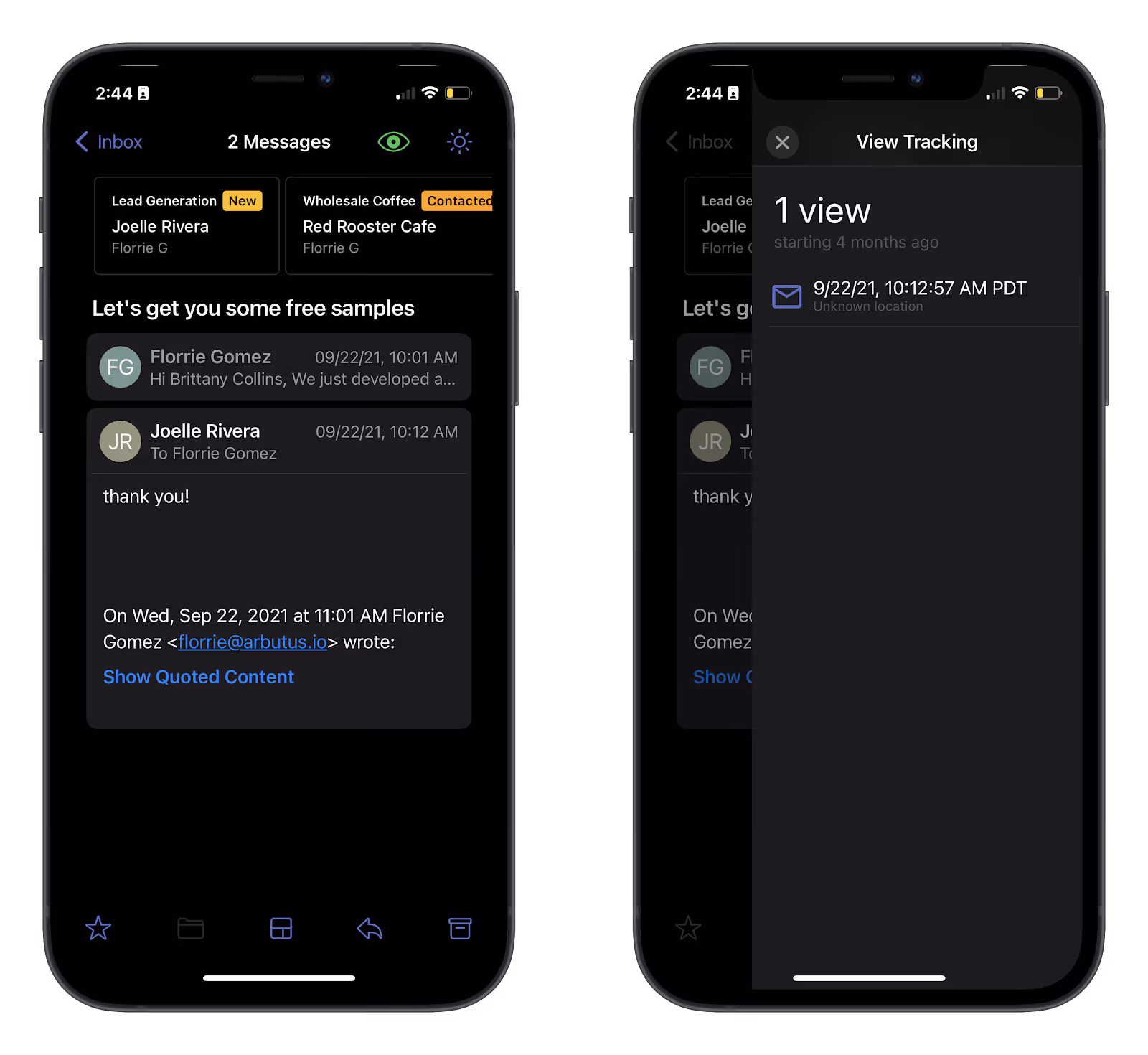 Streak's iOS mobile app with Gmail inbox functionality and email view tracking