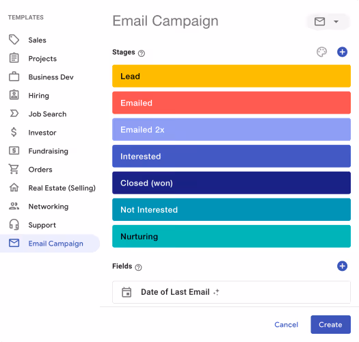 A screenshot of Streak pipeline template for Email Campaign
