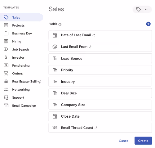 A screenshot of the Streak fields in a sales pipeline template