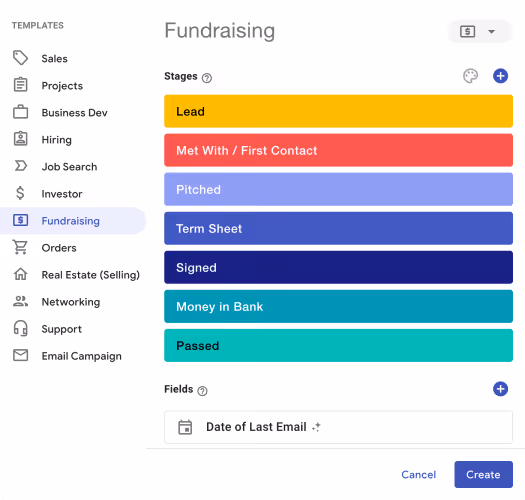 A screenshot of Streak pipeline template for fundraising