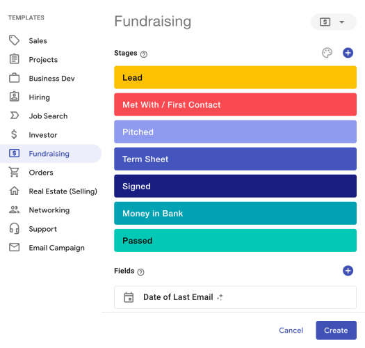 A screenshot of Streak pipeline template for fundraising
