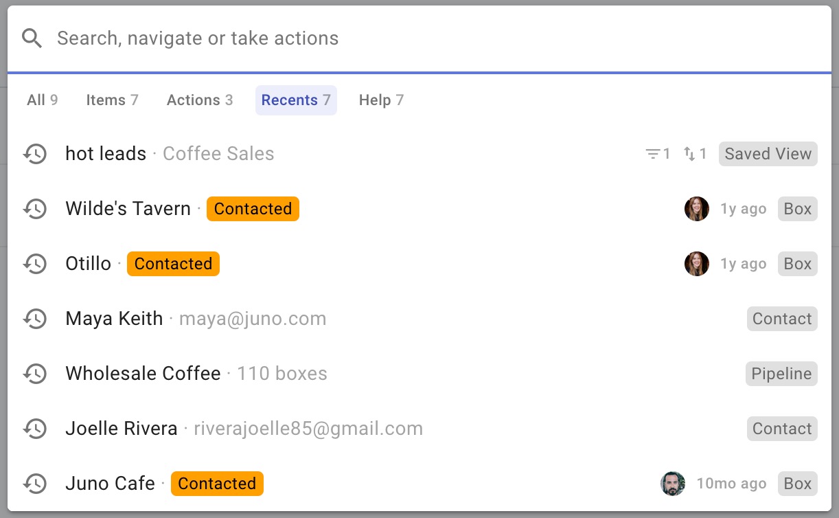 A management dashboard with tabs for different status categories. Items listed include "hot leads," "Wilde's Tavern," and more. Some entries are marked "Contacted." Options like "Save" and "Box" are available for each entry.