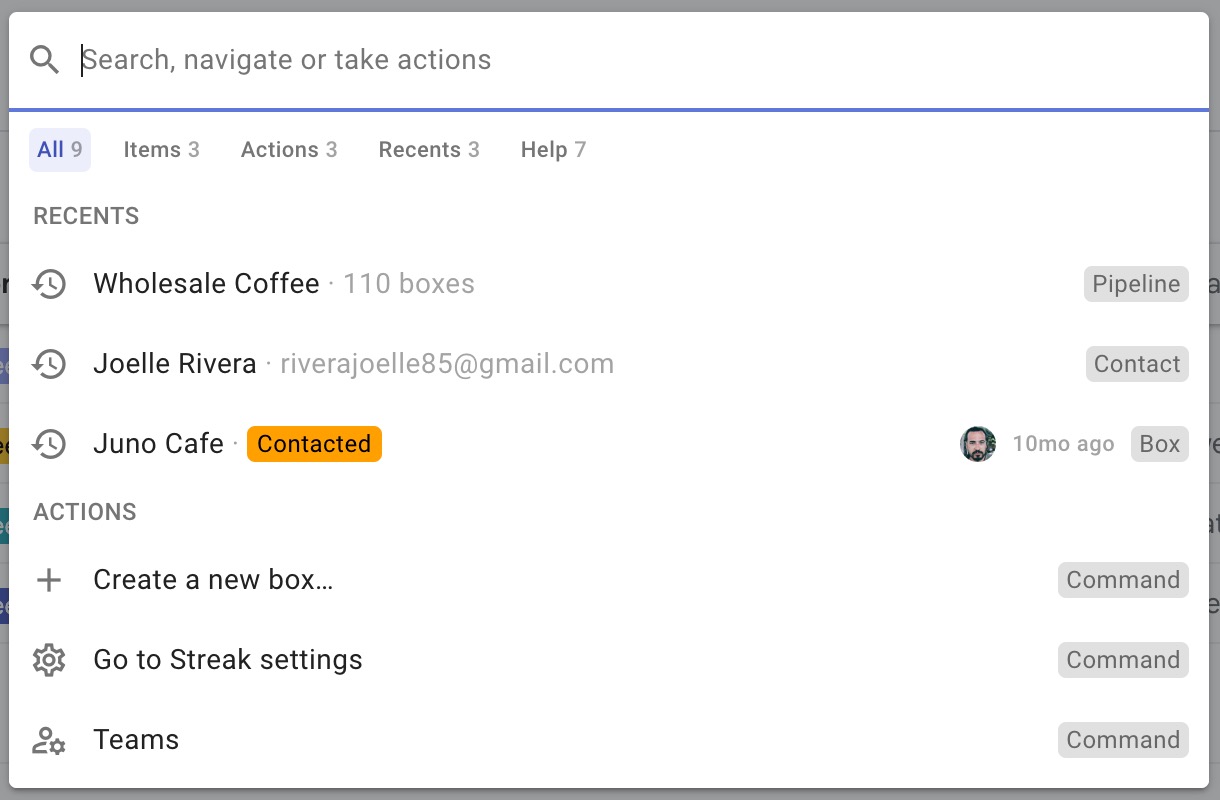 A screenshot of a task management interface showing recent actions and items. It includes tasks like "Wholesale Coffee," "Joelle Rivera," and "Juno Cafe," with associated actions like "Pipeline" and "Contact." There's a search bar at the top.