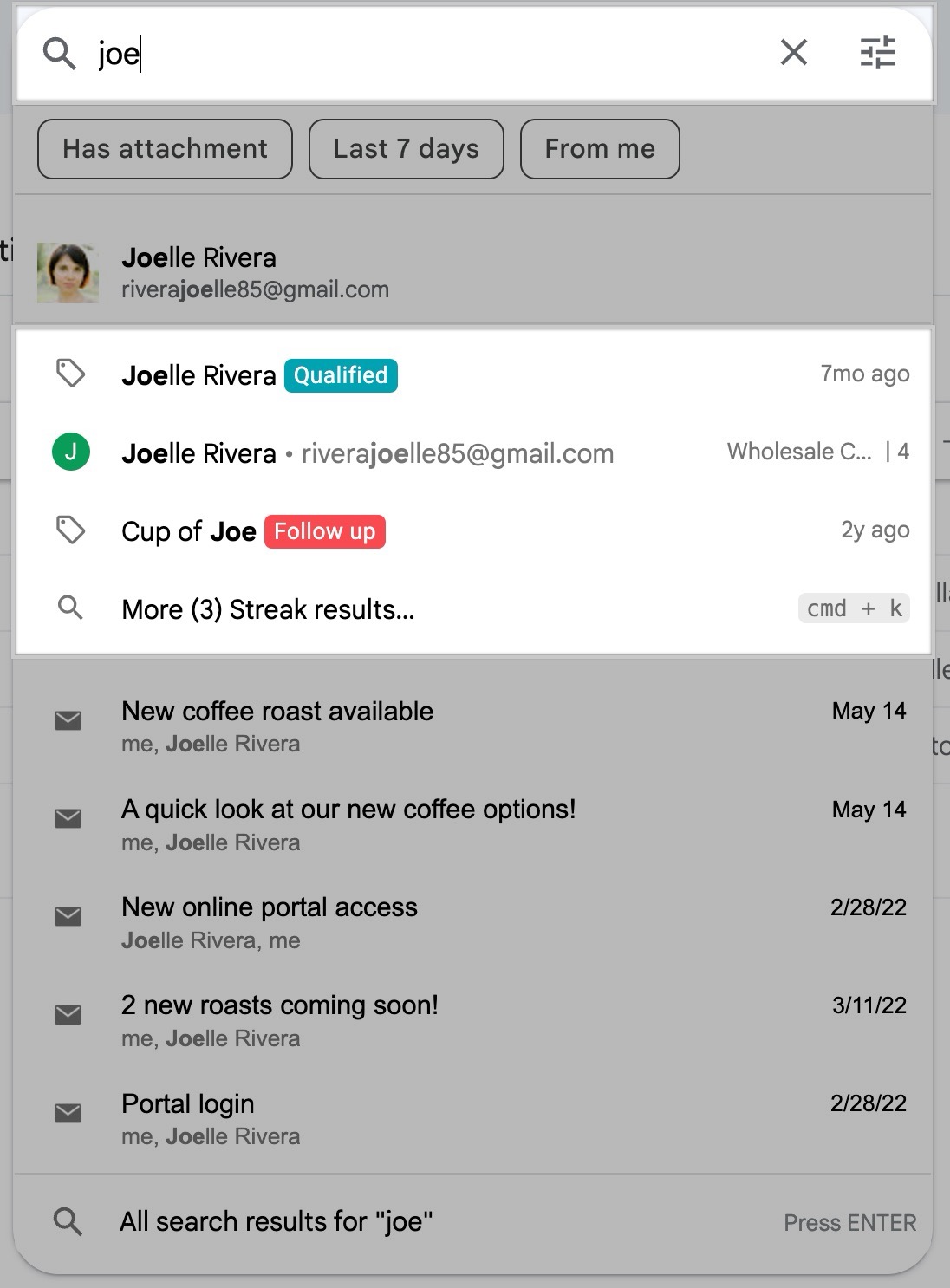 Image showing an email search interface with the keyword "joe" entered. Results include emails from "Joelle Rivera" with subjects like "New coffee roast available" and "Portal login." Some results are marked as "Qualified," "Follow up," or have specific dates.