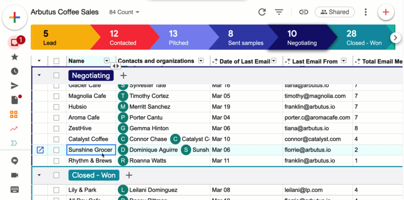  A screenshot of Streak data entry spreadsheet titled "Arbutus Coffee Sales" displaying columns for client names, contacts organized, pitches, date of last email, last email from, and total won. The "Negotiating" tab is highlighted.