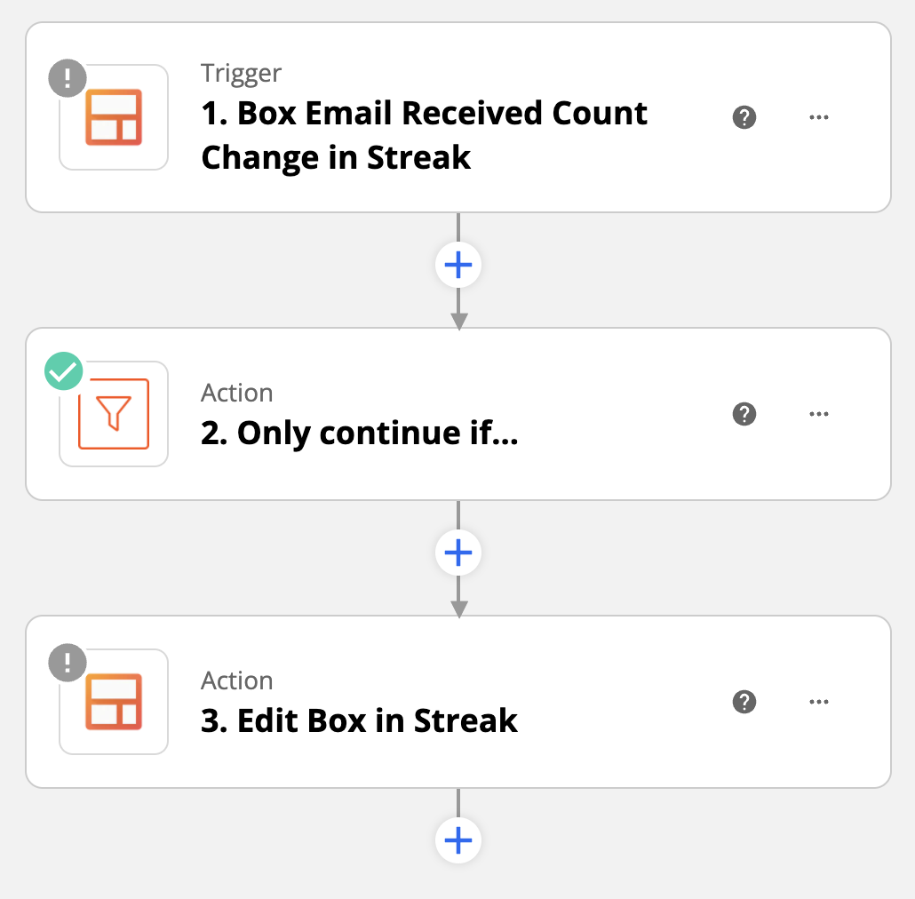 Three step automation to edit a box in Streak when an email is received.