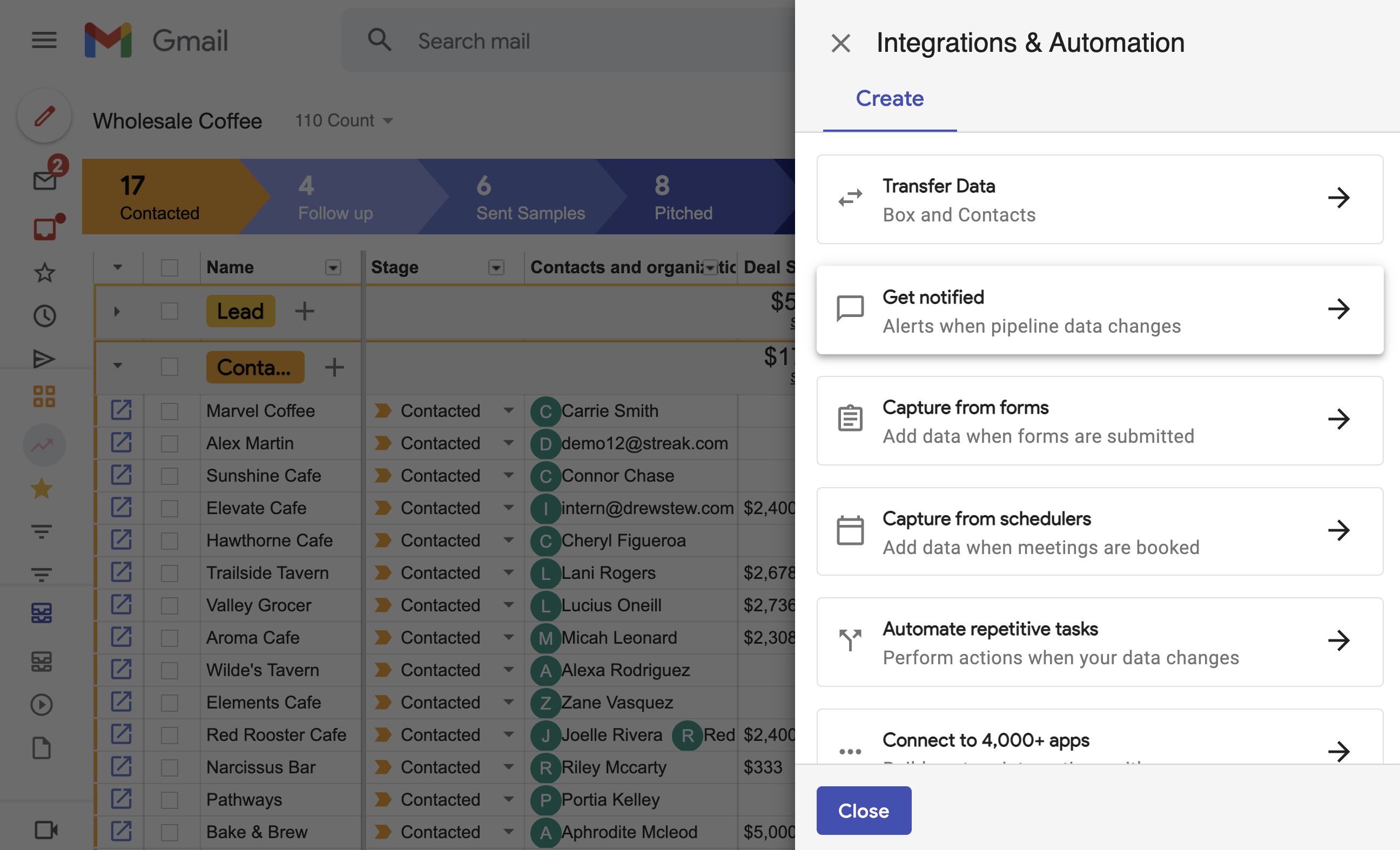 Streak pipeline with a sidebar titled "Integrations & Automation"