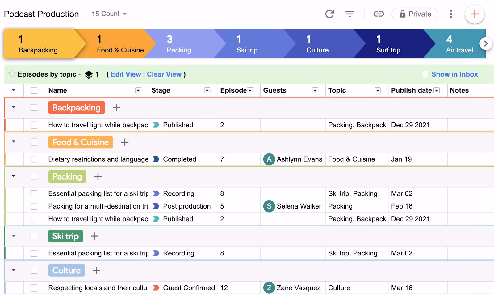 Podcast planning template grouped by episode topic in Streak