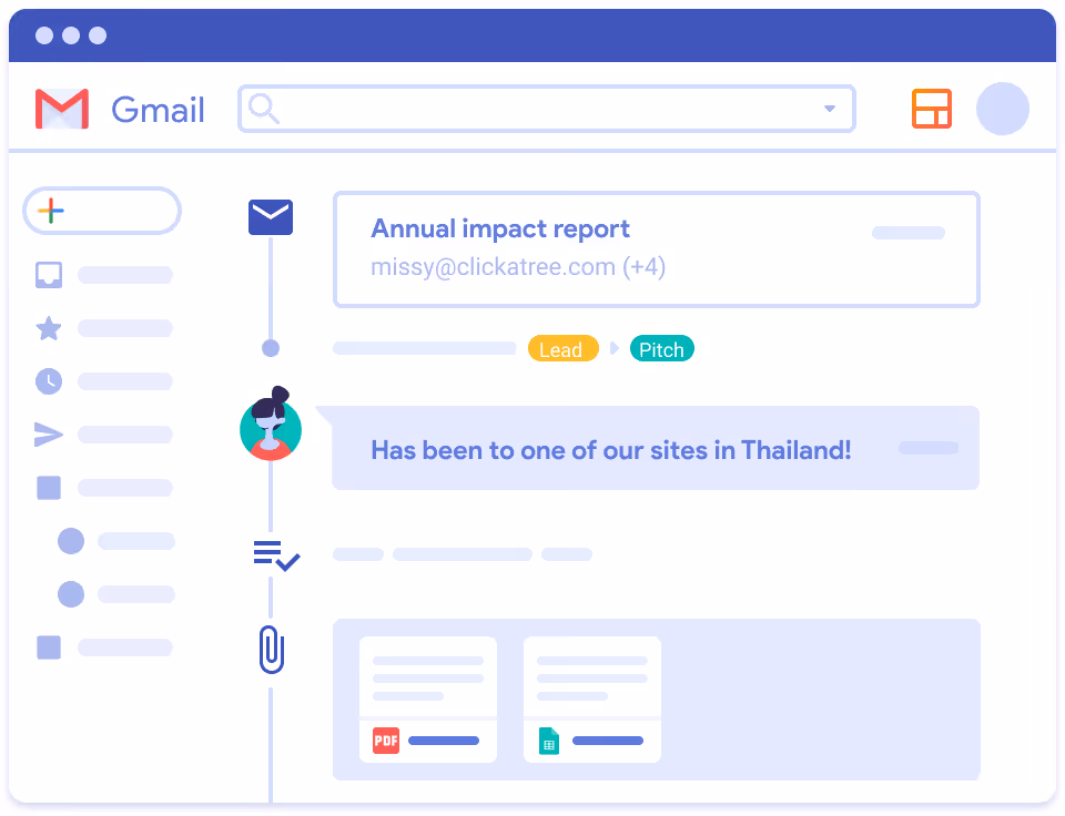 Illustration of a box timeline in Streak. The timeline includes an email, a comment, a task, and attached files.